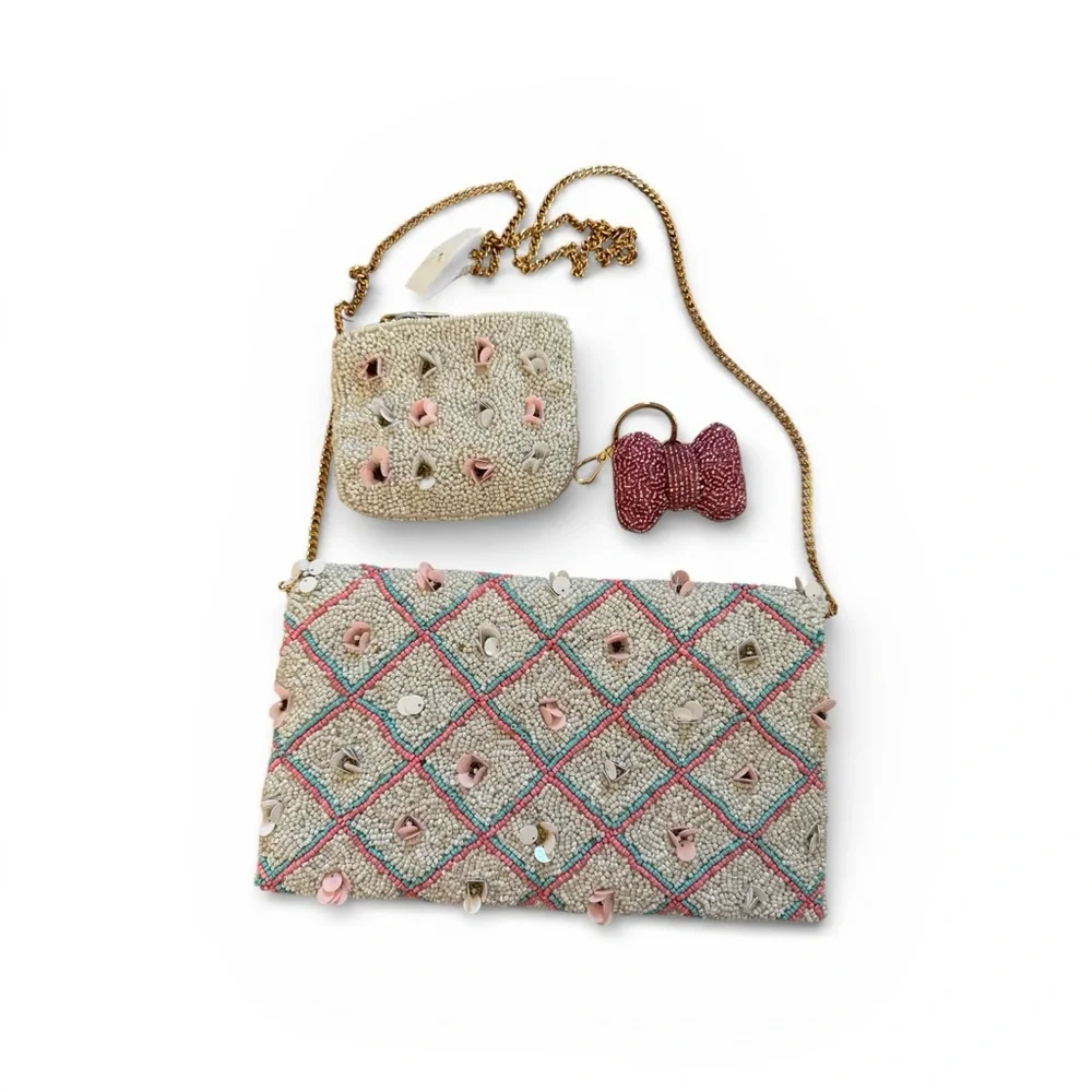 Elegant Beaded Clutch Set - Cream and Pink - Picture 2 of 2
